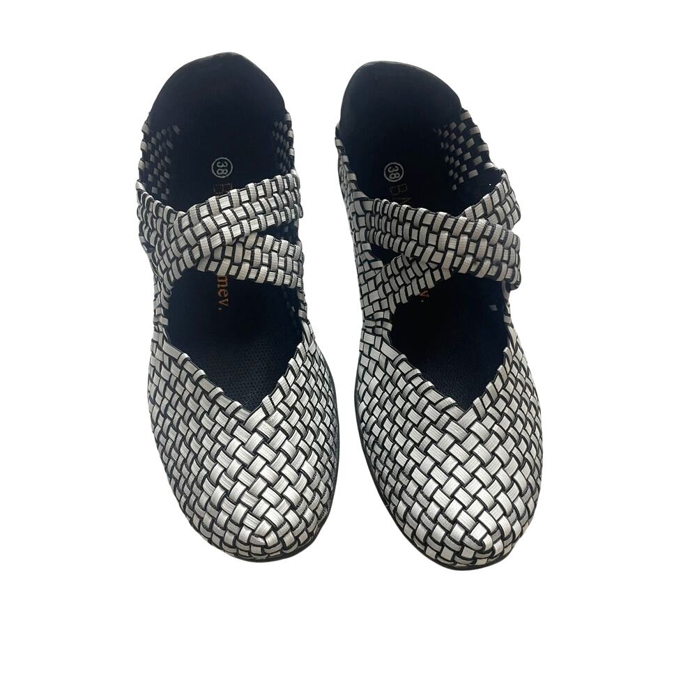 Bernie Mev Woven Flats Women 7/38 Black Gray Crisscross Stretchy Classic NWOB